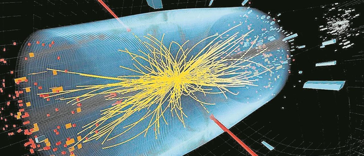 Imagen generada por ordenador y distribuida por el Laboratorio Europeo de Física de Partículas (CERN), que muestra una colisión entre protones en el experimento del CERN en busca del &quot;bosón de Higgs&quot;