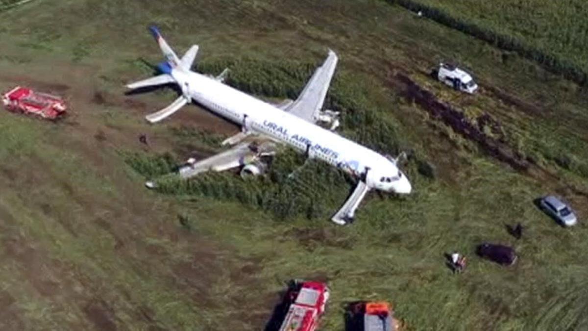 El Airbus, tras aterrizar en un maizal cerca de Moscú.