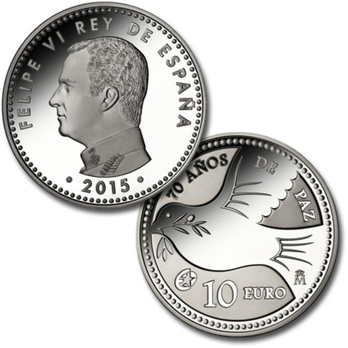 La moneda de 8 reales de plata, valorada en 10 euros, con motivo de '70 años de paz'.