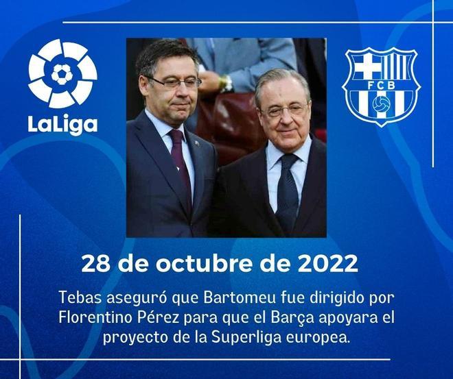 El presidente de LaLiga, Javier Tebas, aseguró que Josep Maria Bartomeu fue dirigido por Florentino Pérez para que el Barça apoyara el proyecto de la Superliga europea antes de hacer oficial su dimisión como presidente del FC Barcelona.