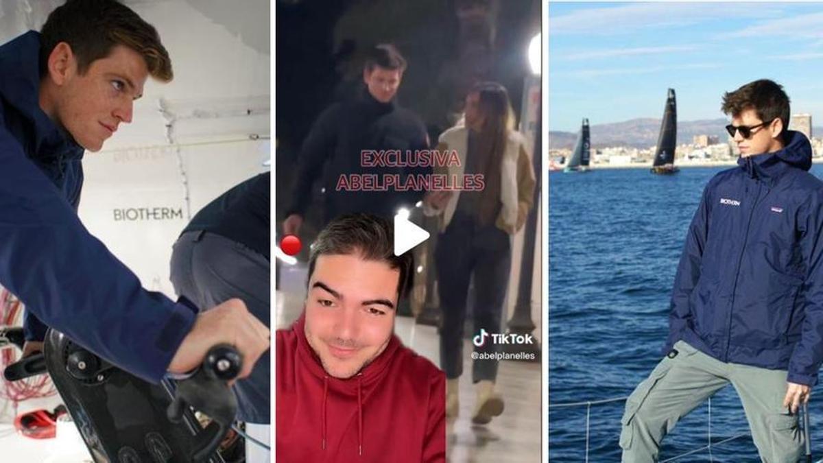 Miguel Bernardeau en dos imágenes de Biotherm Sailing en aguas de Alicante y, en el centro, paseando con una joven por la Explanada.