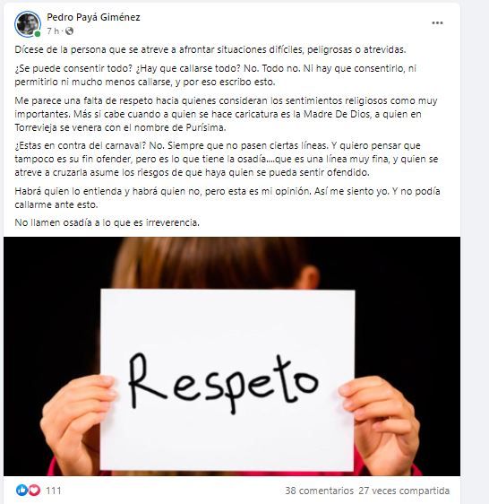Publicación en Facebook del vicario Pedro Payá