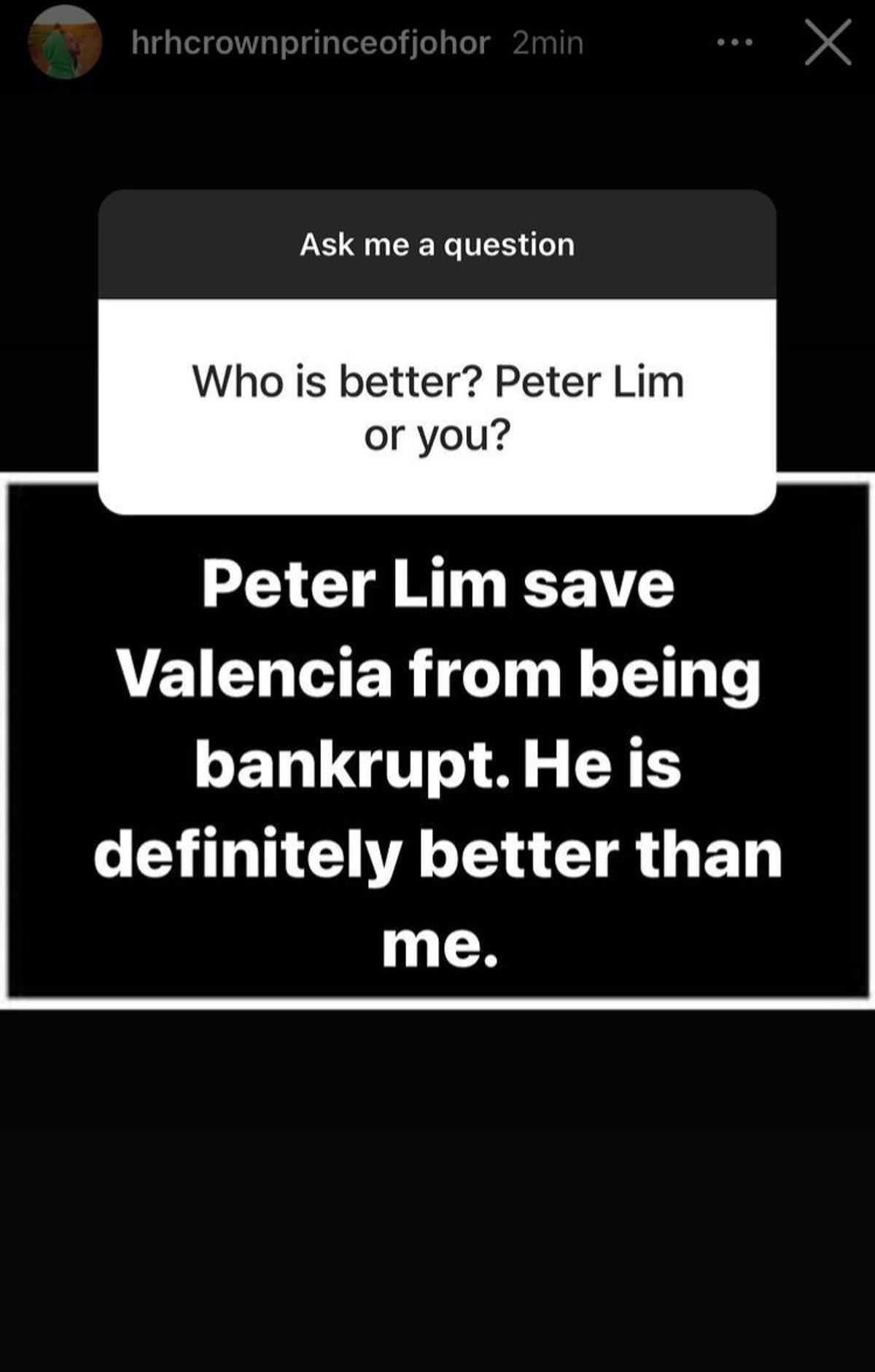 Lo que piensa Tunku Ismail de Peter Lim