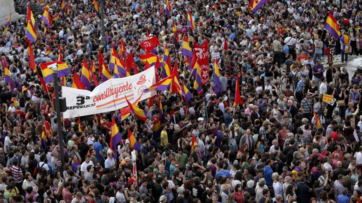 Manifestación en favor de un referendo y de la república, el 2 de junio en la Puerta del Sol, en Madrid.