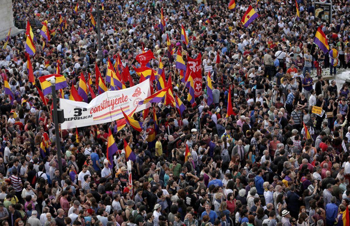 Manifestació a favor d’un referèndum i de la república, el 2 de juny a la Puerta del Sol, a Madrid.