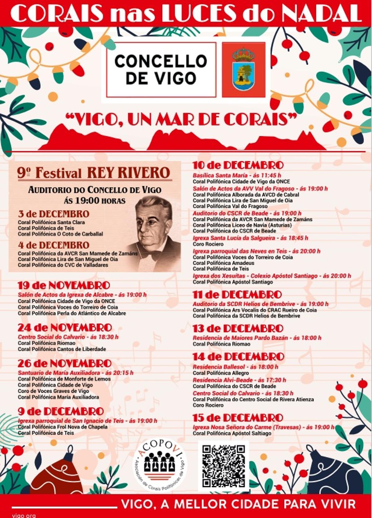 Cartel del ciclo Corais nas Luces do Nadal, con el Festival Rey Rivero abriendo la programación.