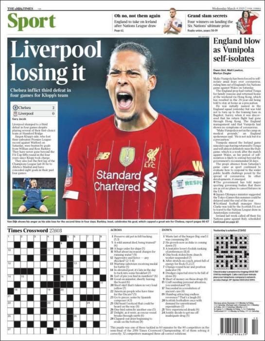 Portada THE TIMES SPORT miércoles 4 febrero 2020