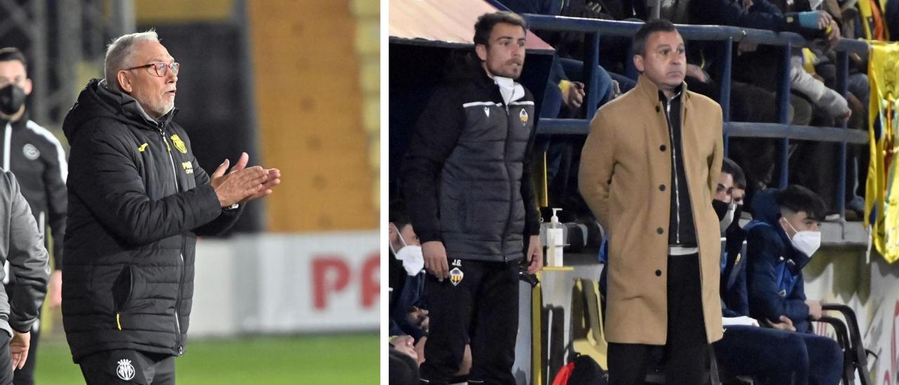 Miguel Álvarez (i), entrenador del Villarreal B, y Sergi Escobar (d), técnico del CD Castellón, durante el derbi del pasado martes.