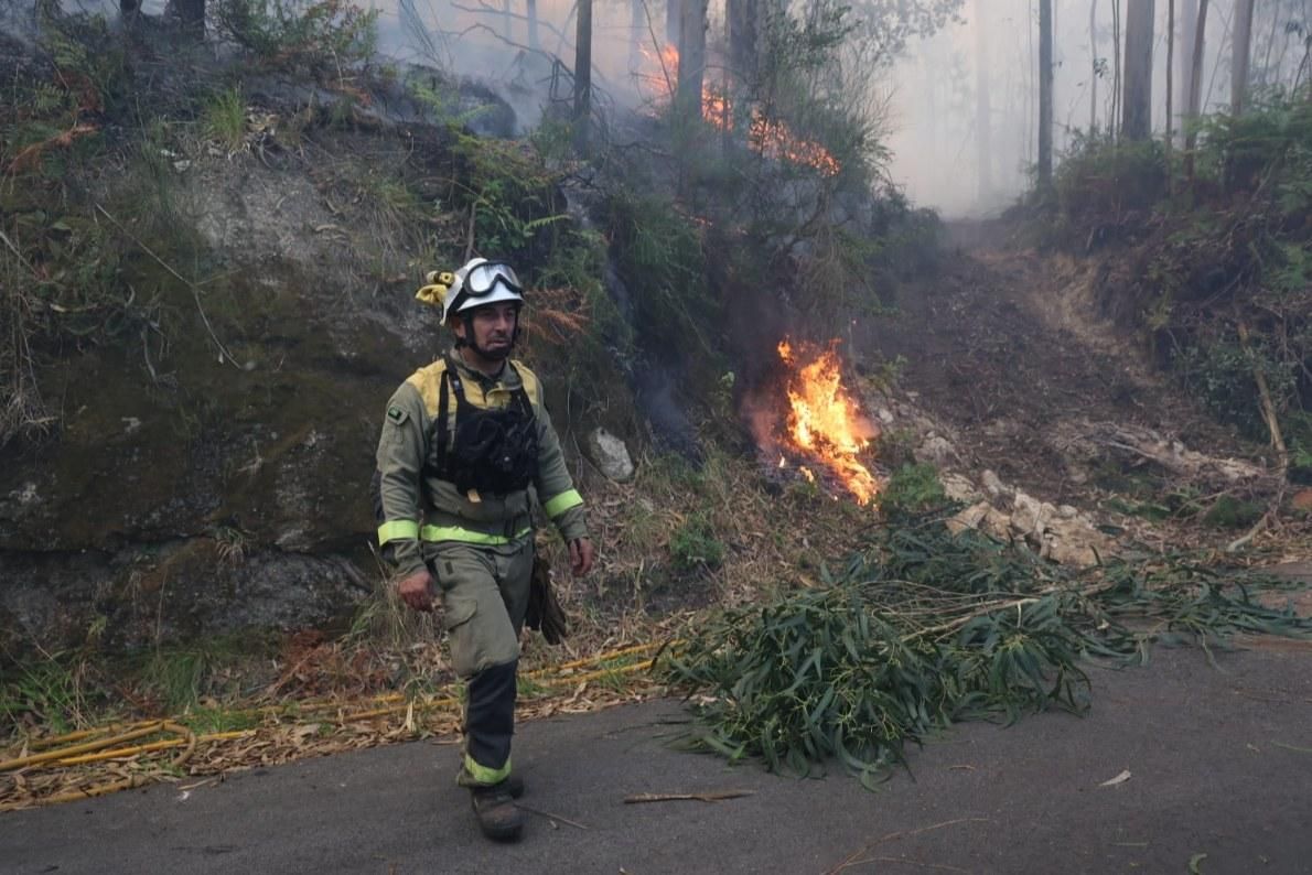 Espectacular incendio forestal en Meaño