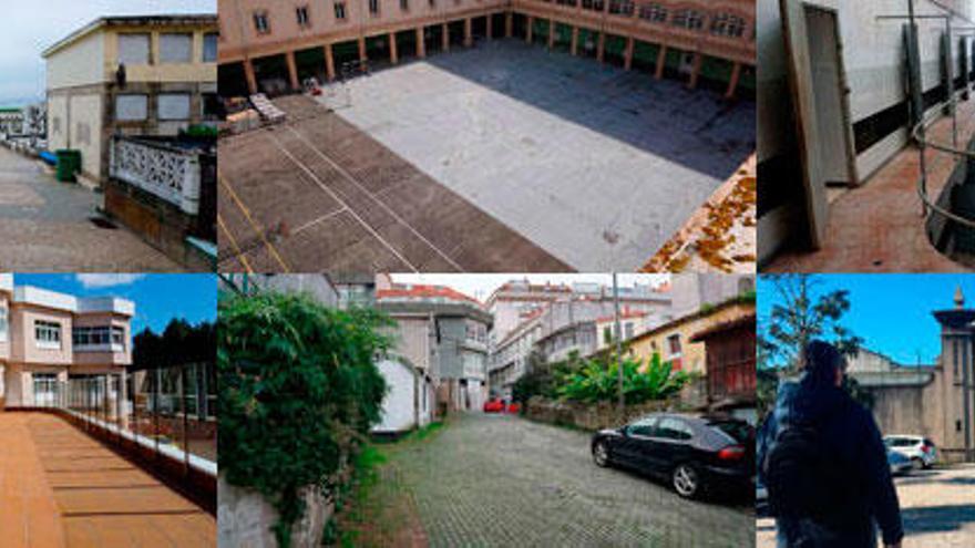 Arriba, exterior de la fábrica de armas, barrio de Fontán (izqda.) y residencia de mayores en Oleiros (dcha). En el bloque de abajo, cementerio de San Amaro, pasillo de la antigua prisión provincial (izqda.) y patio del IES Calvo Sotelo (dcha.).