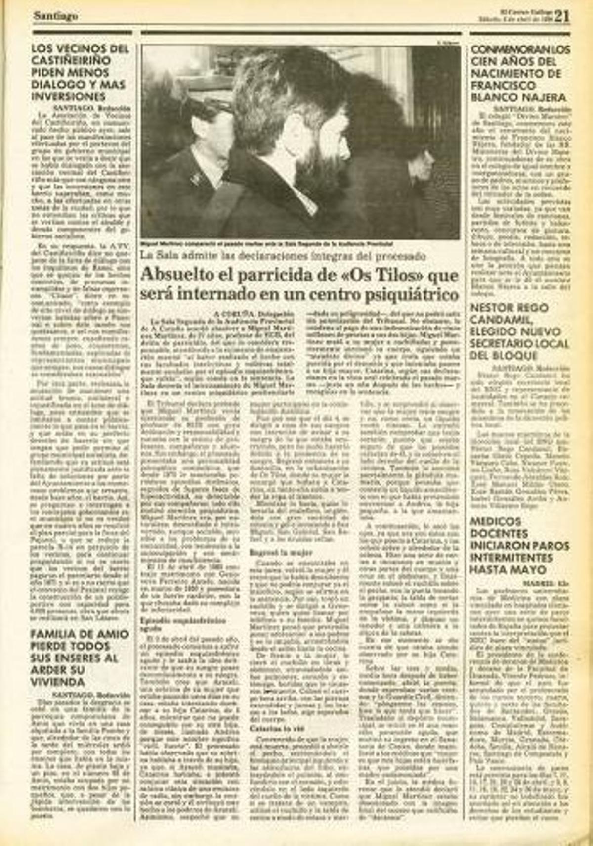 Artículo de El Correo Gallego del día que Miguel Martínez fue absuelto por enajenación mental