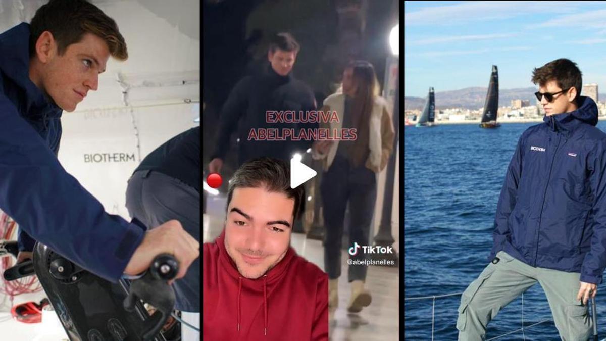 Miguel Bernardeau en dos imágenes de Biotherm Sailing en aguas de Alicante y, en el centro, paseando con una joven por la Explanada