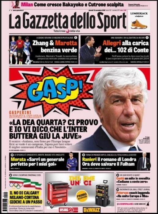 Portada GAZZETTA DELLO SPORT jueves 15 noviembre