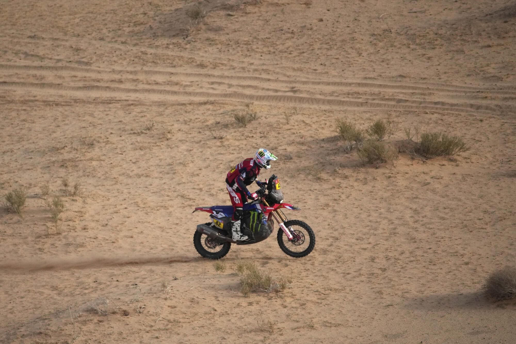Rider Adrien Van Beveren competes during the fifth stage of the Dakar Rally between Alula and Hail, Saudi Arabia, Thursday, Jan. 9, 2025. (AP Photo/Christophe Ena). EDITORIAL USE ONLY / ONLY ITALY AND SPAIN
