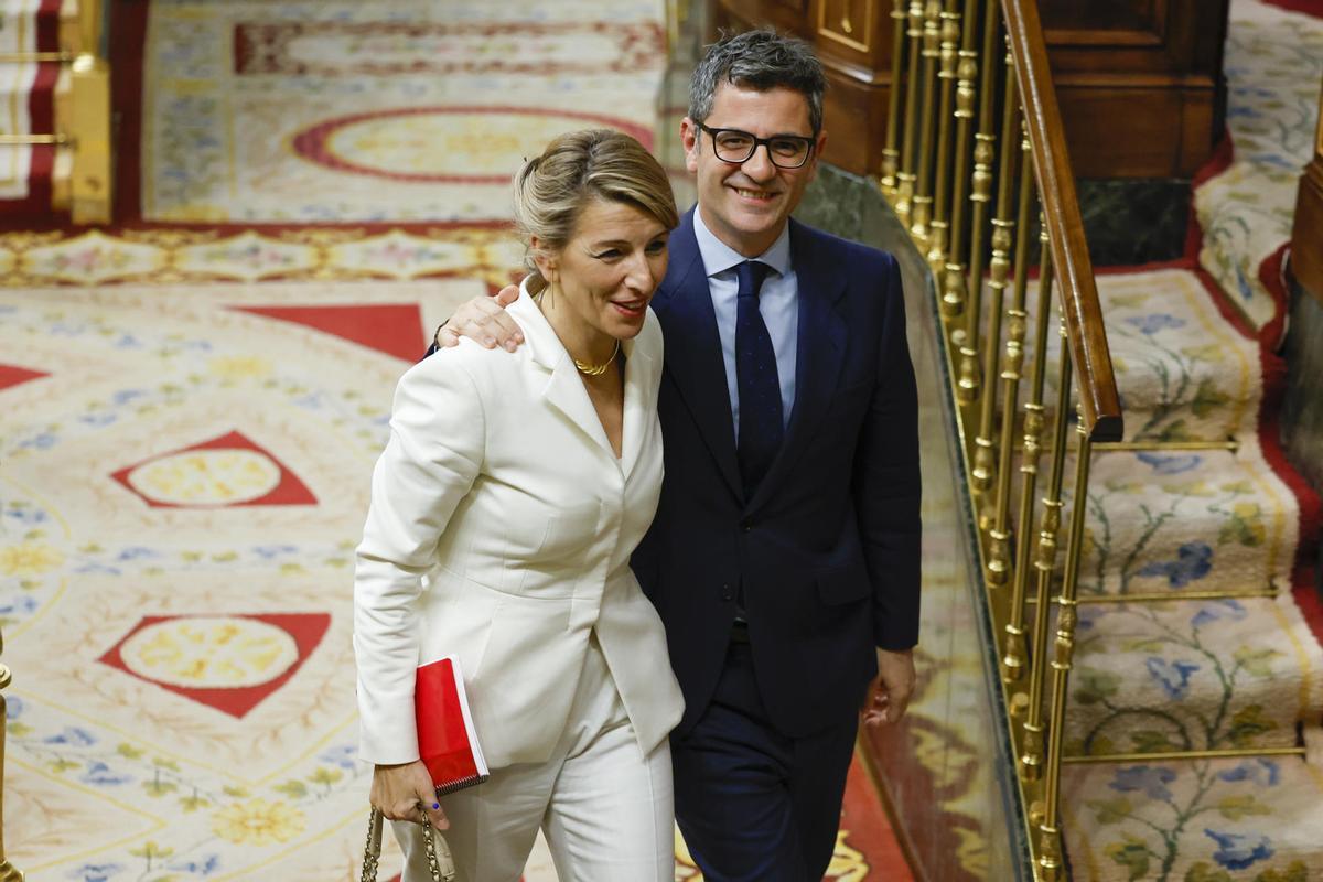 Yolanda Díaz y Félix Bolaños en el debate de la moción de censura