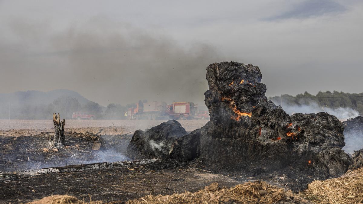 Bales de palla cremant al costat d&#039;una granja d&#039;ovelles a l&#039;incendi d&#039;Artés