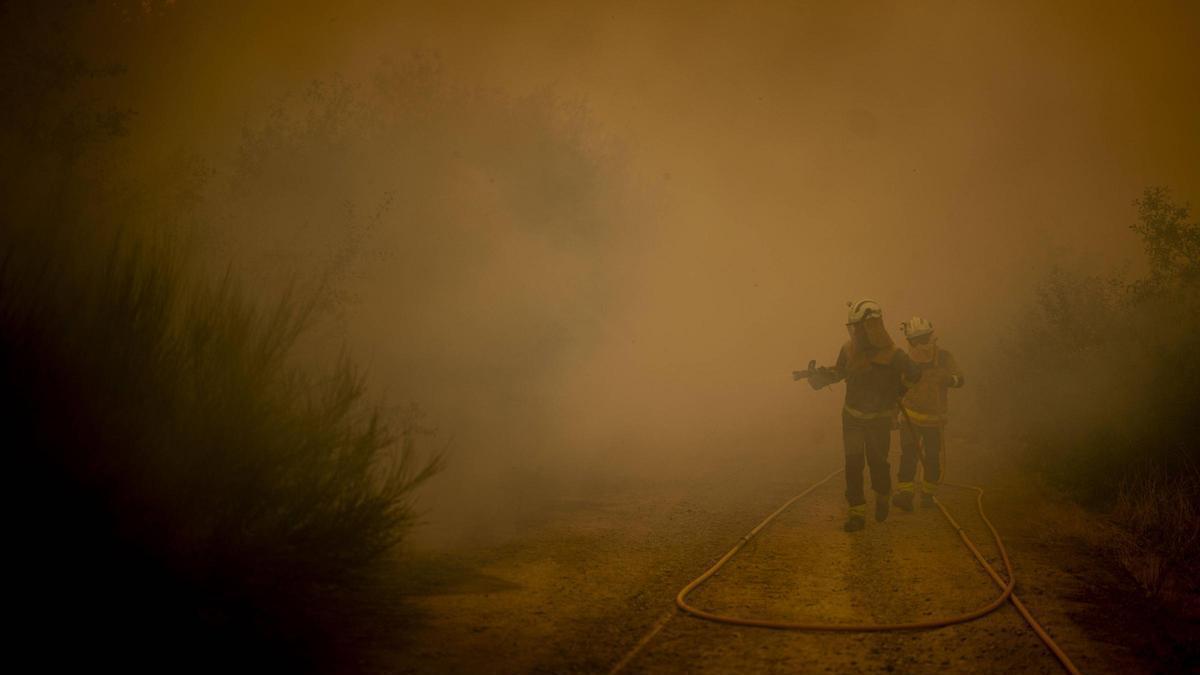 Los bomberos forestales trabajando en la extinción del incendio.