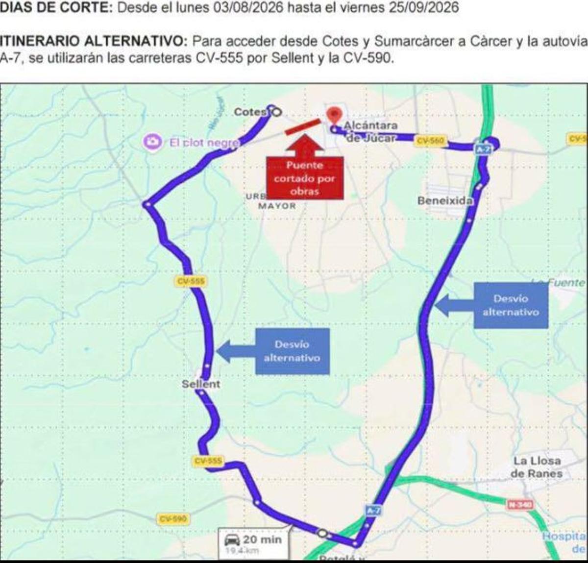 Croquis difundido por la diputación con los itinerarios alternativos ante el corte del puente.