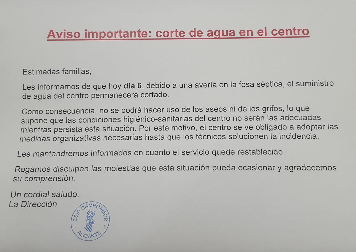 El aviso de la incidencia en el colegio Campoamor