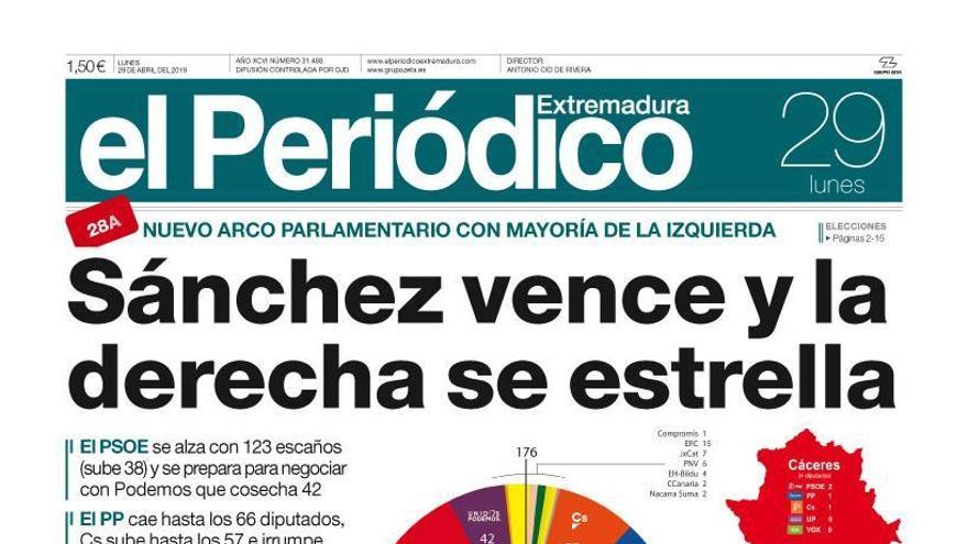 Esta es la portada de EL PERIÓDICO EXTREMADURA correspondiente al día 29 de abril del 2019