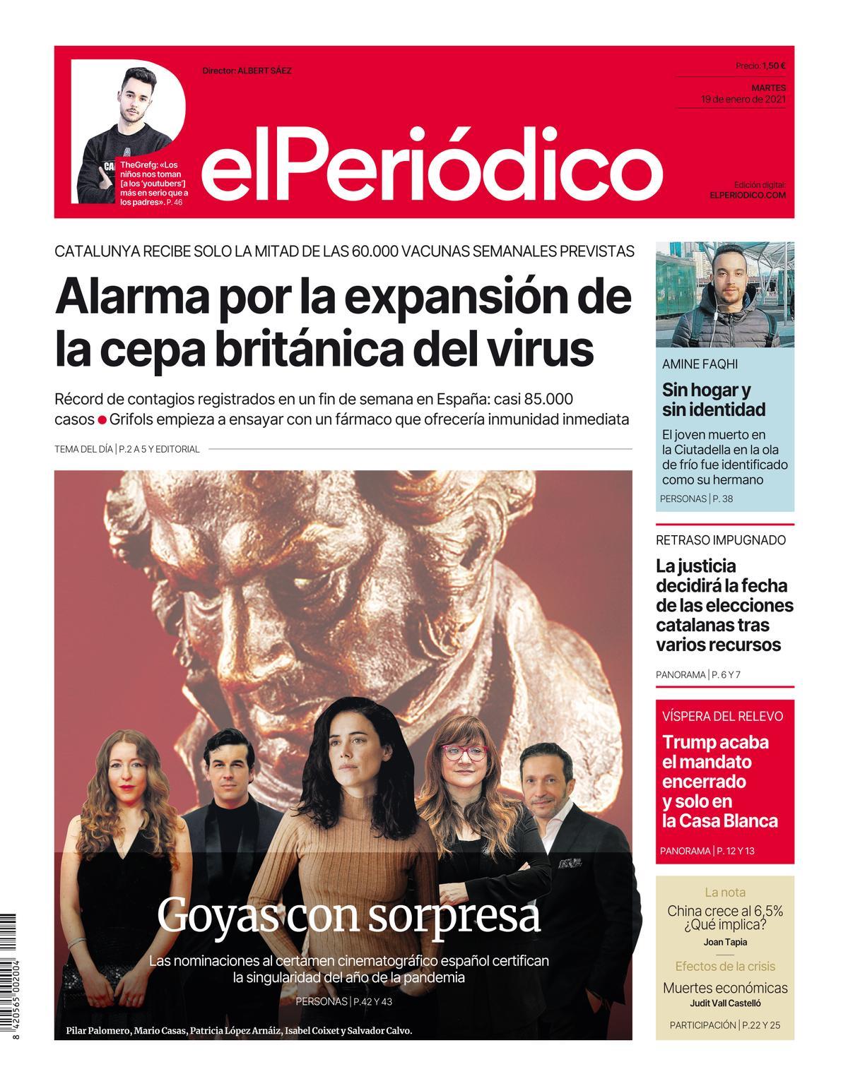 La portada d’EL PERIÓDICO del 19 de gener del 2021