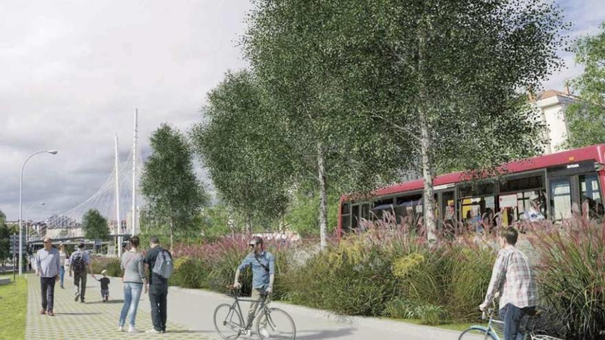 Recreación de áreas para peatones y bicis propuesta por el Concello rechazada en el proyecto final.