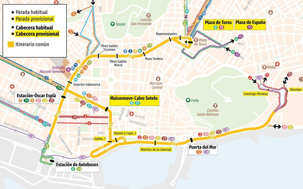 Recorridos alternativos y paradas provisionales de los autobuses de Alicante durante la Entrada de Bandas de Hogueras.