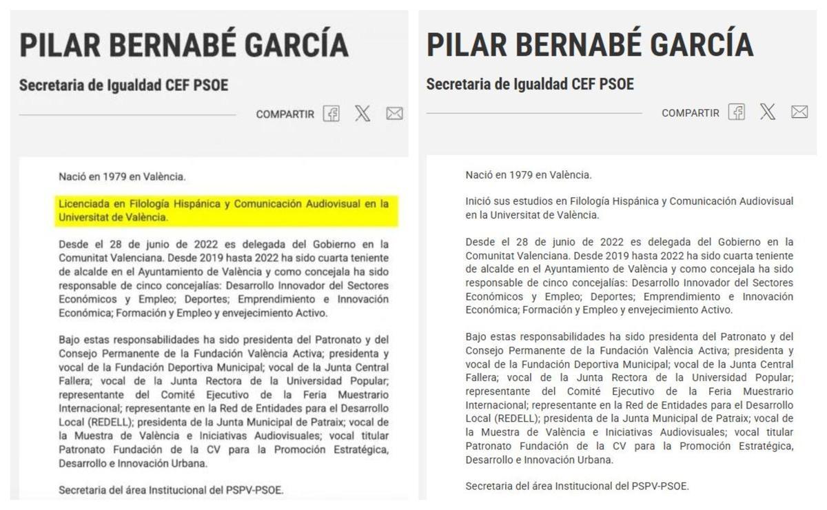 A la izquierda, currículum publicado por Okdiario capturado de la página web del PSOE. A la derecha, currículo modificado colgado ahora en la web del PSOE.