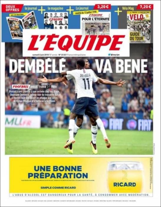 Portada L'ÉQUIPE sábado 2 de junio 2018