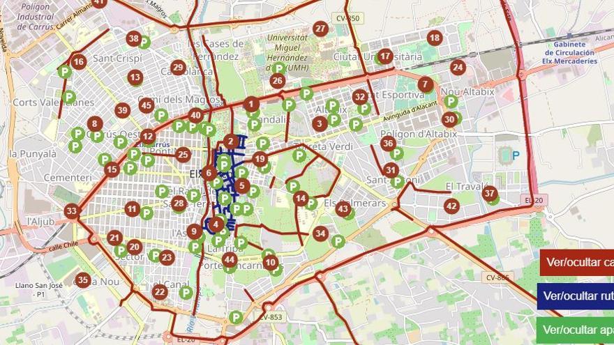 Mapa de estaciones, aparcamientos y rutas en Elche para el carril bici