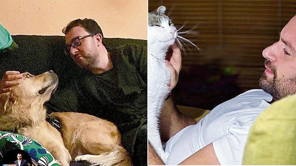 Adrián Barbón y "Selva"; y a la derecha Álvaro Queipo y uno de sus tres gatos.