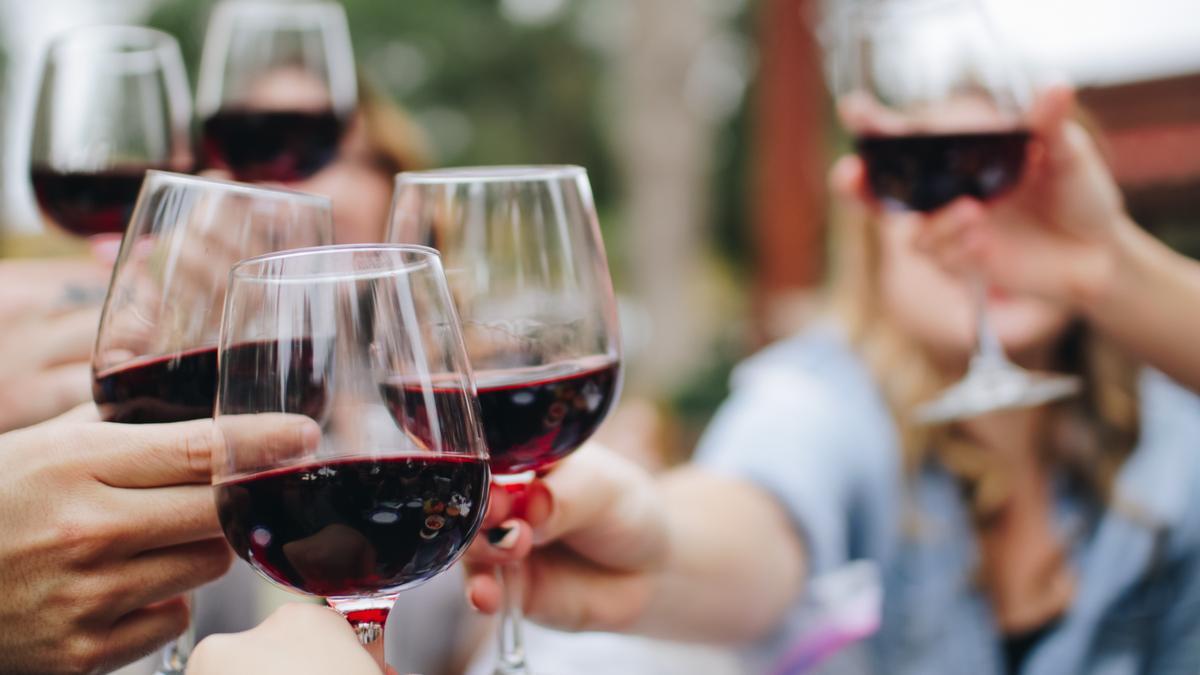 Un grupo de personas brindan con copas de vino.