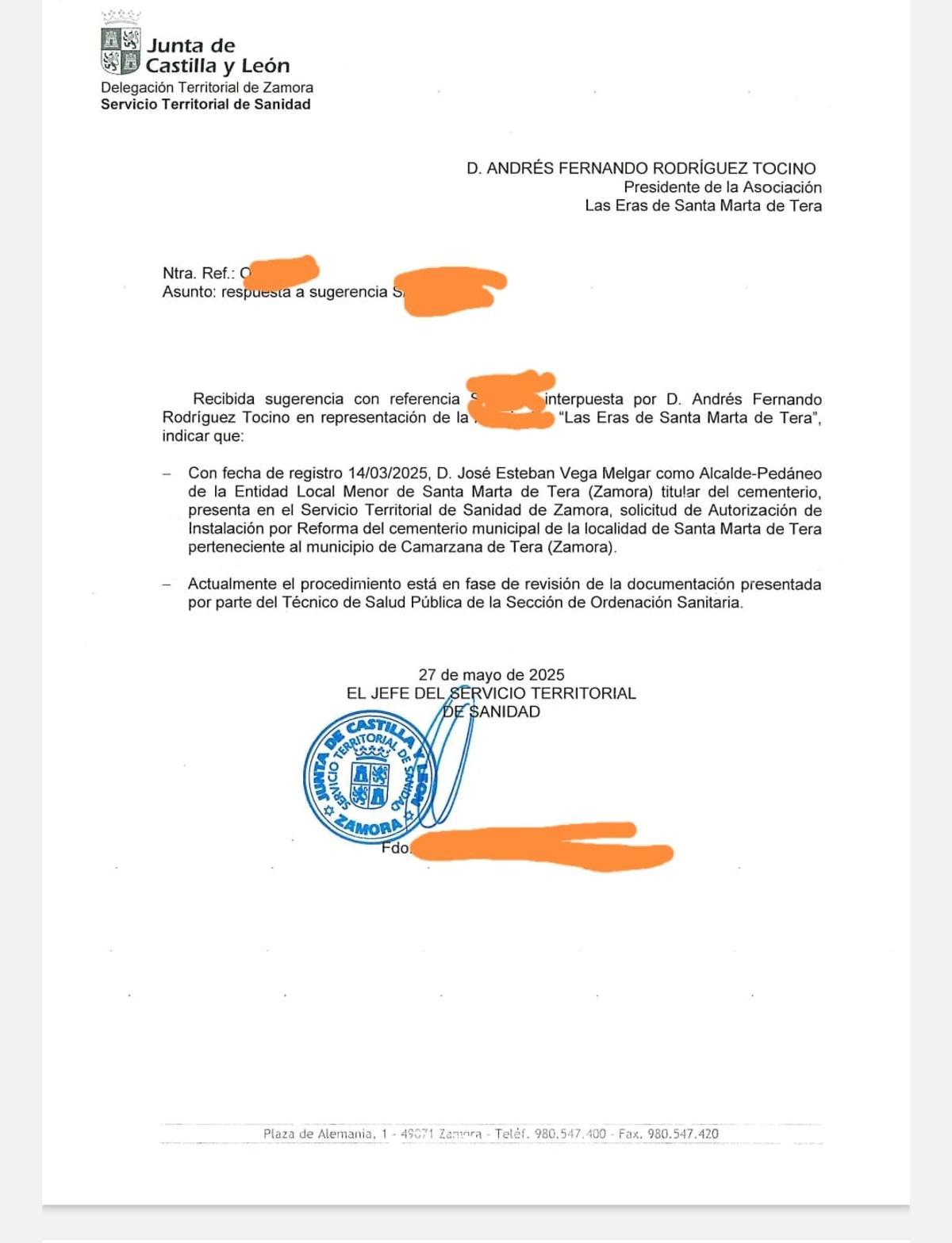 Comunicación del Servicio Territorial de Sanidad a la Asociación Las Eras en respuesta a una "sugerencia".