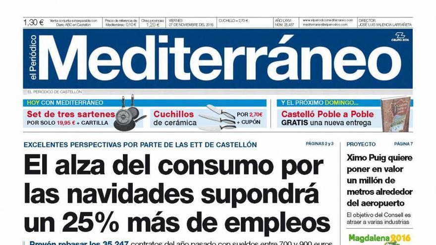 El alza del consumo por la navidades supondrá un 25% más de empleos, en la portada de Mediterráneo