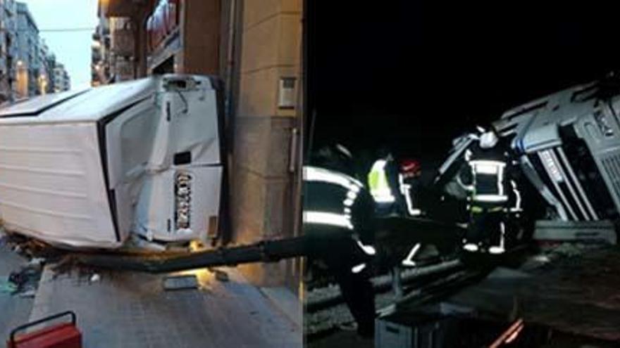 A la izquierda, una imagen del accidente en Alcoy. A la derecha, el camión volcado en la A-31