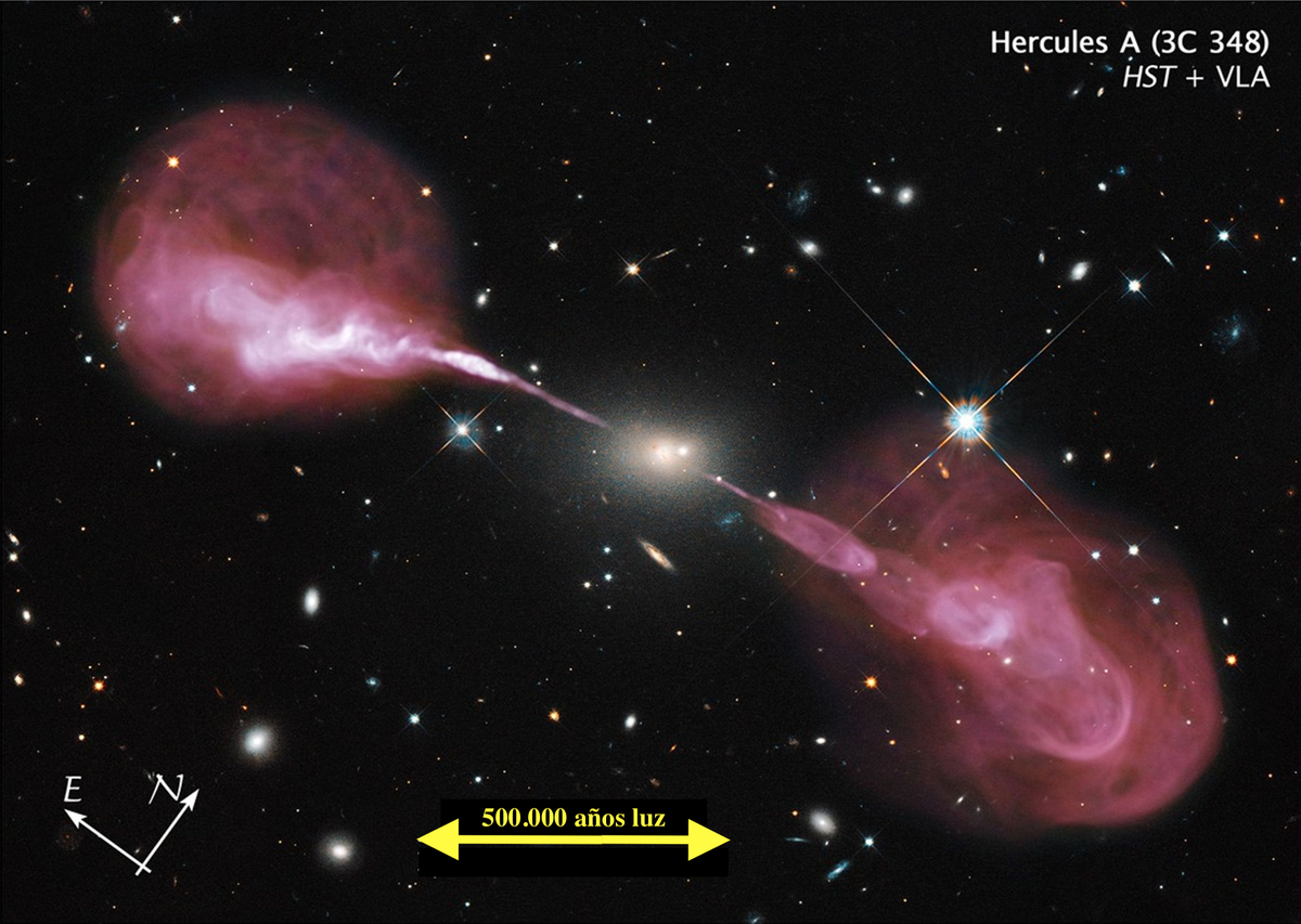 Imagen de radio del telescopio VLA superpuesta a la del telescopio espacial Hubble de la galaxia 3C 348.