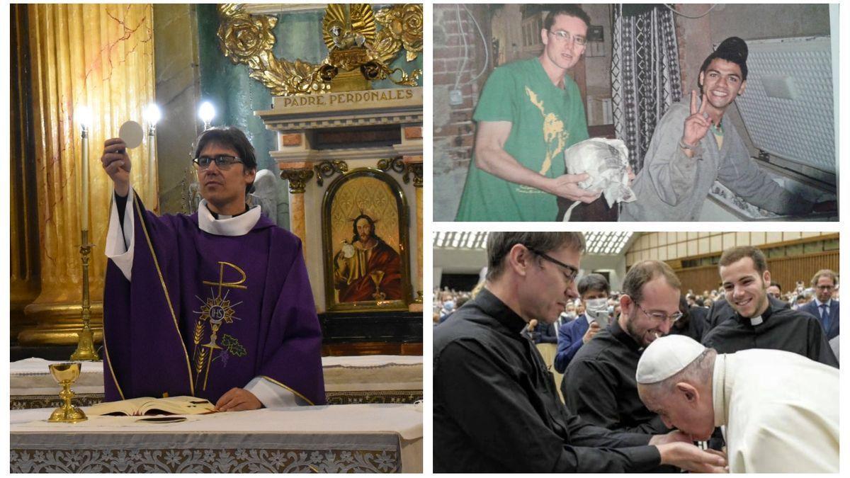 A la izquierda, Bordignon oficia una misa en Cinctorres. A la derecha, una foto en su juventud y otra con el Papa Francisco. JAVIER ORTÍ / EL PERIÓDICO MEDITERRÁNEO