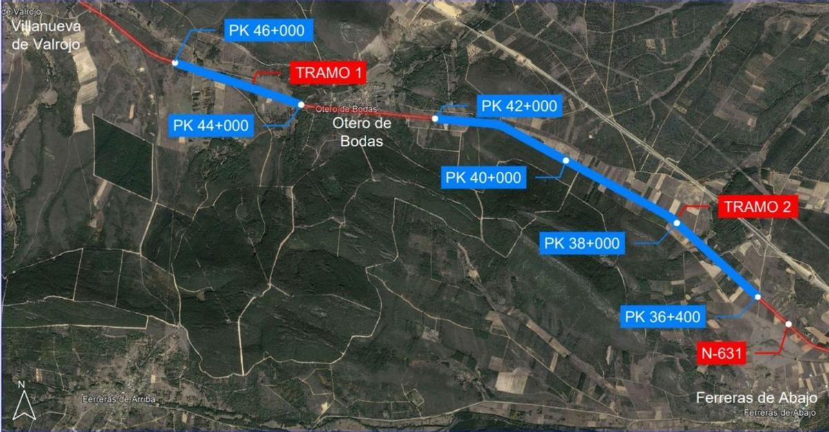Los dos tramos de actuación: entre Ferreras de Abajo y Otero y una vez pasada la localidad hacia Villanueva. | Proyecto
