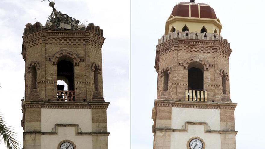 La torre de la iglesia de la Virgen de las Huertas, tras el terremoto y en la actualidad.