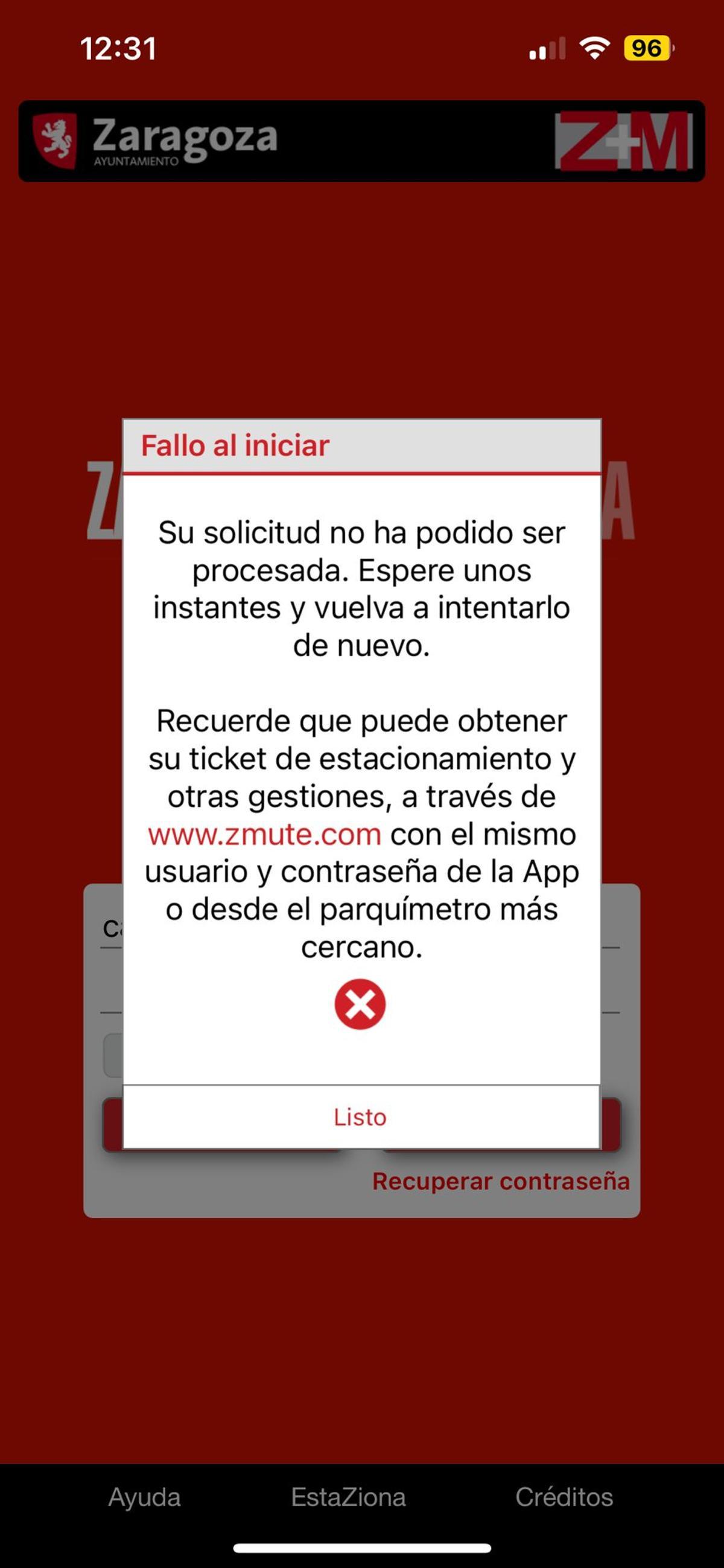 Mensaje en la app del estacionamiento regulado.