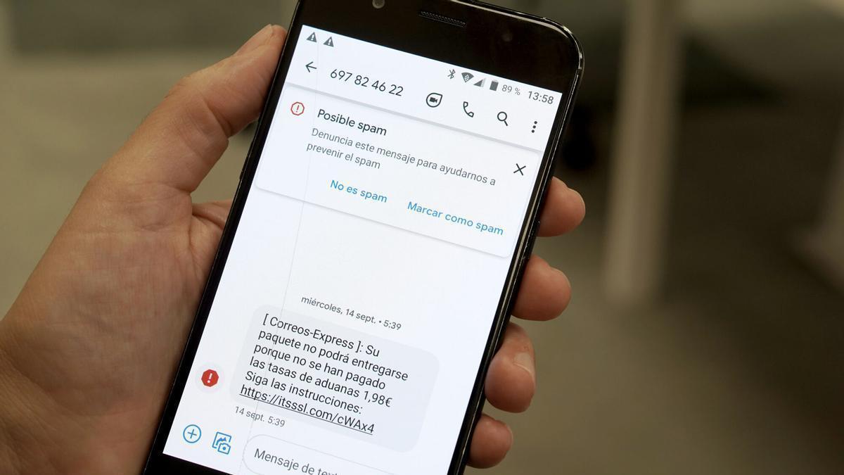 Mensaje de SMS de la práctica del 'phishing'.