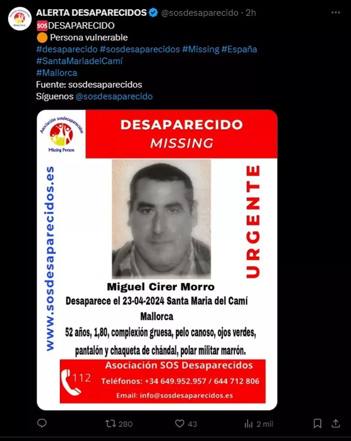 Desaparece un hombre de 52 años en Santa Maria