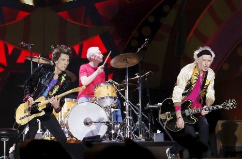 British veteran rockers The Rolling Stones' Keith Richards, Ronnie Wood and Charlie Watts perform with the band during a concert on their  "Latin America Ole Tour" in Santiago, Chile