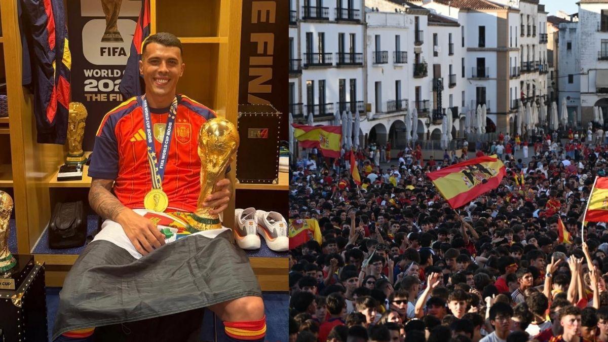 A la izquierda Pedro Porro con el trofeo y, a la derecha, la bandera de la dictadura.