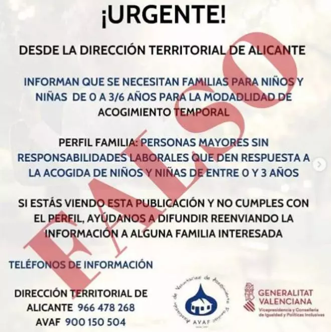 Conselleria denuncia un falso anuncio en el que se buscan familias de acogida para niños ucranianos