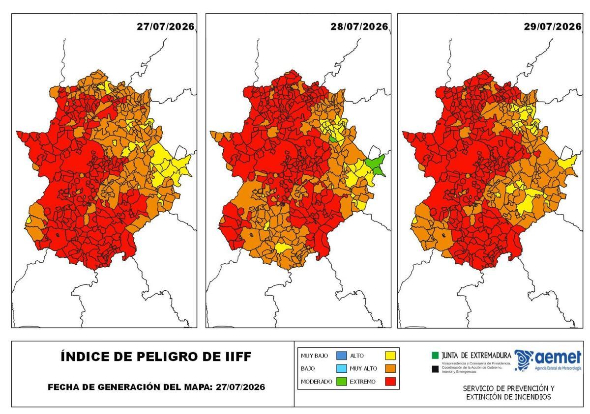 Mapa del riesgo de incendos para lunes, martes y miércoles.