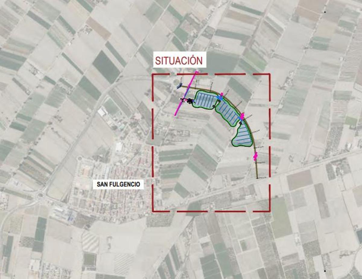 Ubicación del dique de protección y las balsas. A la izquierda el casco urbano de San Fulgencio