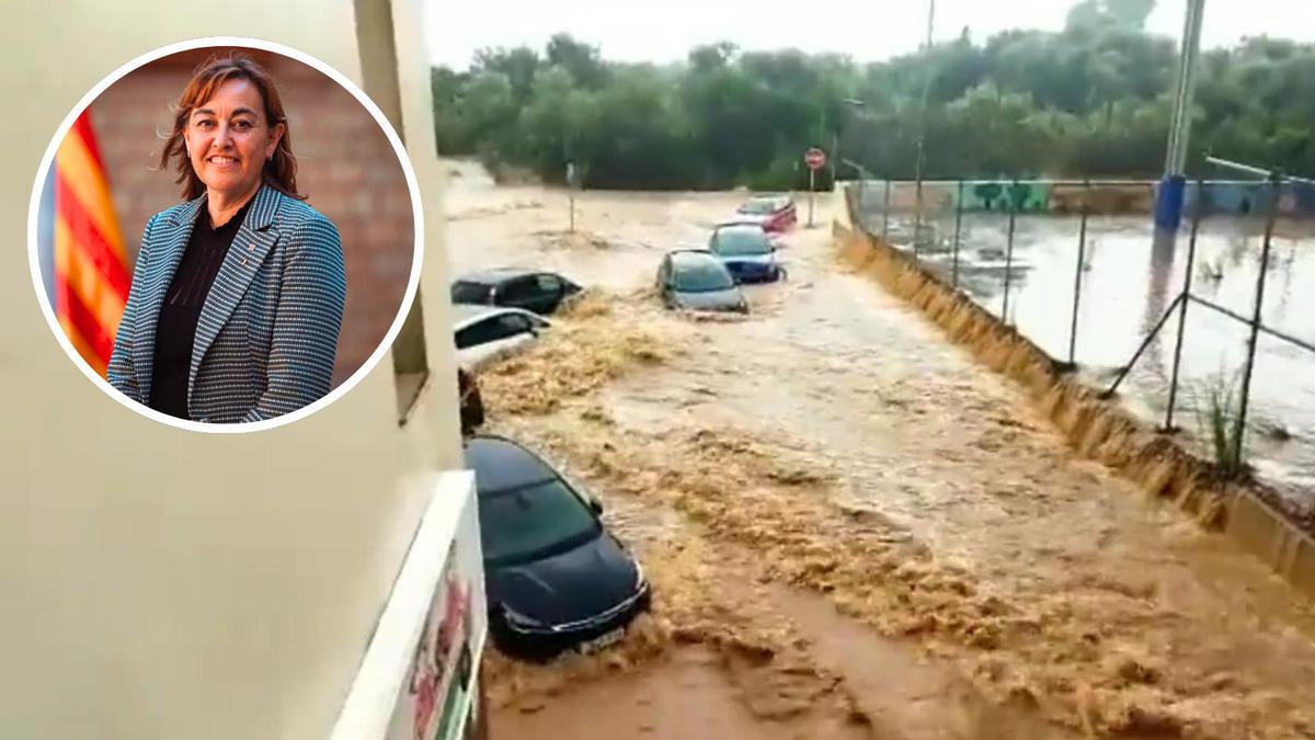 Sílvia Paneque y de fondo imagen de una inundación en Alcanar