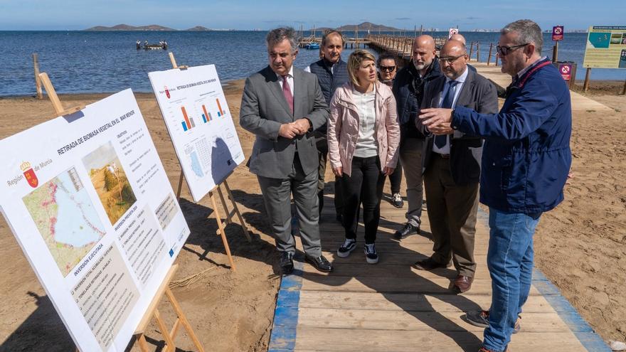 Un centenar de operarios trabaja a diario en la retirada de biomasa del Mar Menor