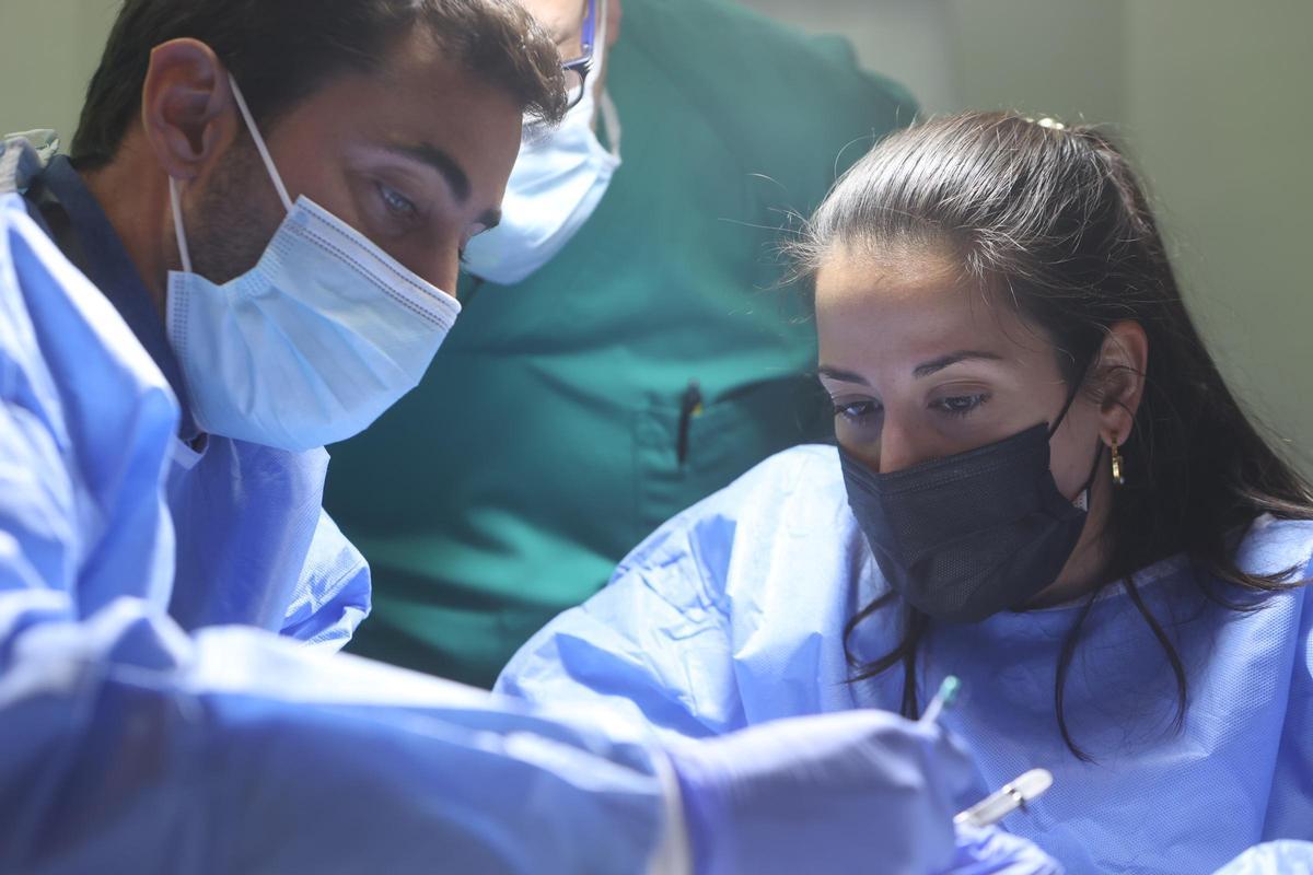 Dos médicos residentes practican con cadáveres en el Hospital General de Alicante.